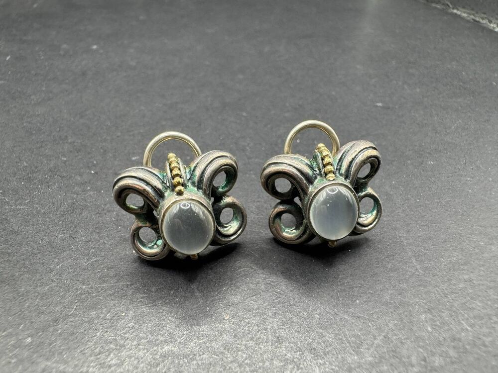 Vintage Style 14K Scroll Motif 925 Sterling Silver Earrings with Cabochon Stones